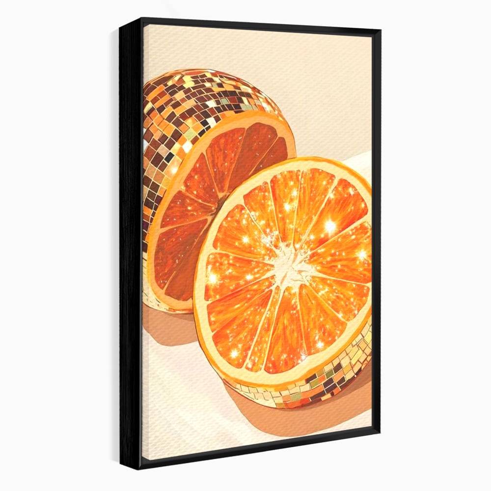 Tablou canvas cu ilustratie digitala cu felii de portocala si globuri disco, in rama de aluminiu negru